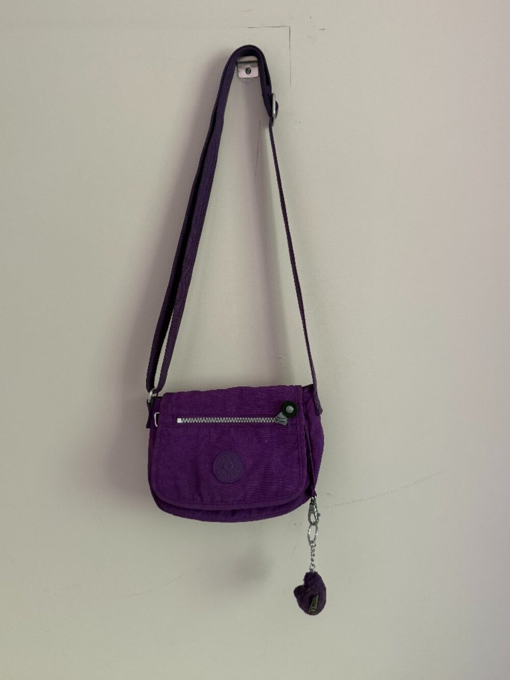 Kipling Aveline Purple Nylon Flap Crossbody Bag + Monkey Charm
